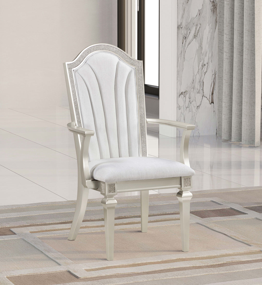 Evangeline Upholstered Dining Arm Chair with Faux Diamond Trim Ivory and Silver Oak (Set of 2)