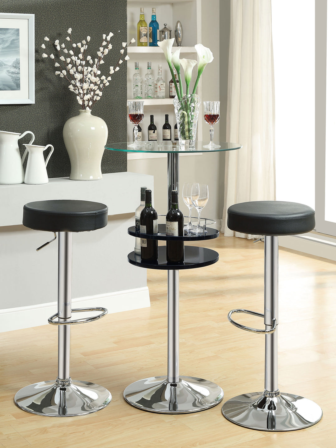 Gianella Glass Top Bar Table with Wine Storage Black and Chrome