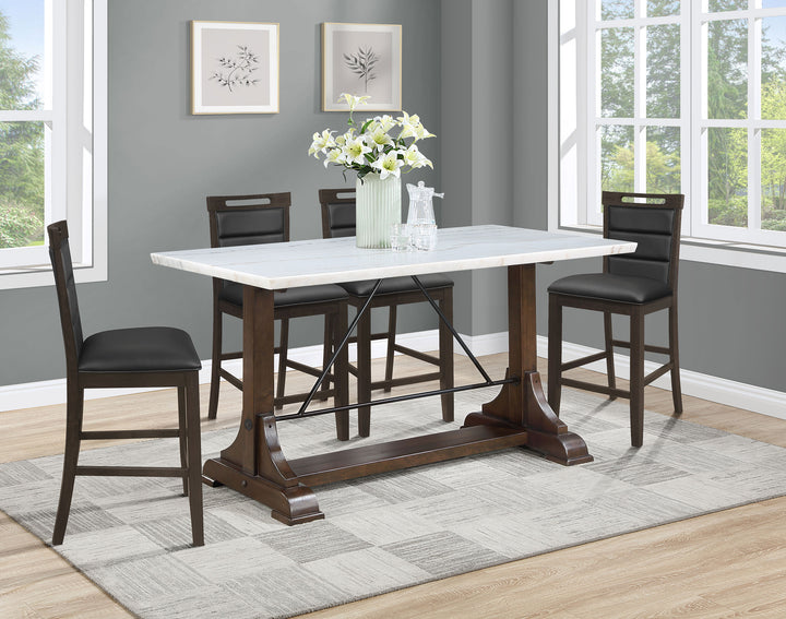 Aldrich Counter Height Trestle Base Dining Table with Genuine White Marble Top and Dark Brown