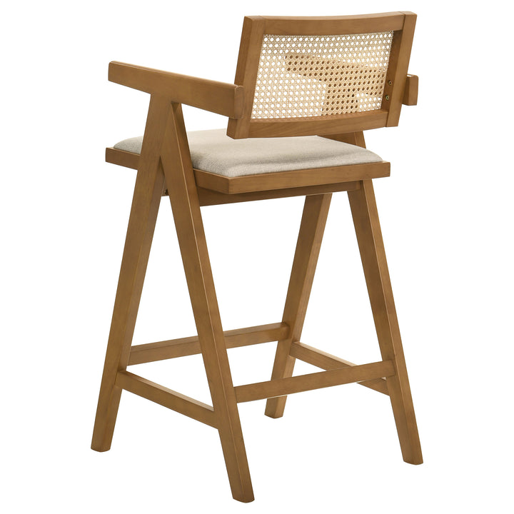 Kane Solid Wood Bar Stool with Woven Rattan Back and Upholstered Seat Light Walnut (Set of 2)