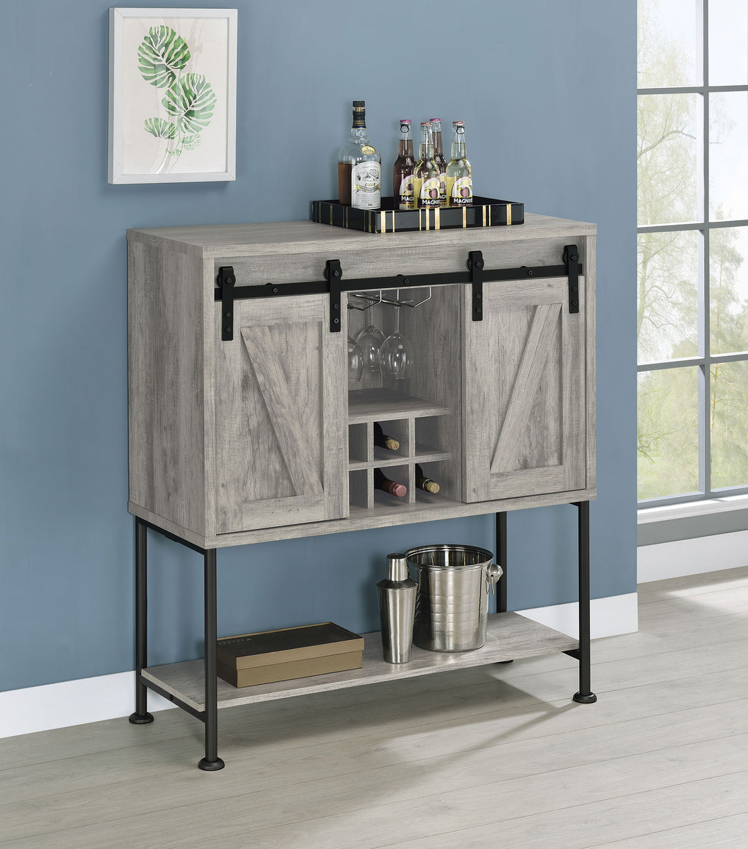 Claremont Sliding Door Bar Cabinet with Lower Shelf Grey Driftwood