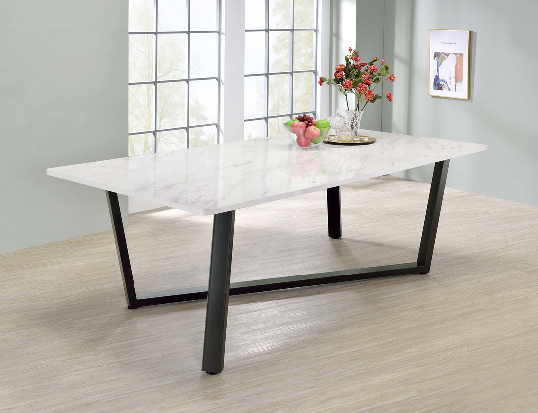 Mayer Rectangular Dining Table Faux White Marble and Gunmetal