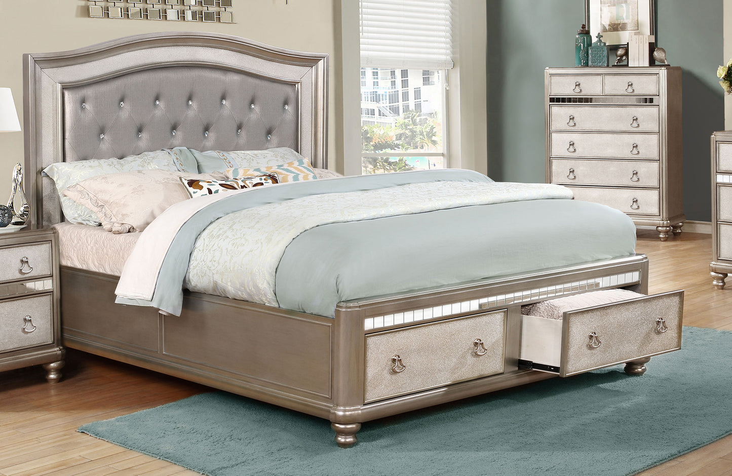 Bling Game Eastern King Storage Panel Bed Metallic Platinum