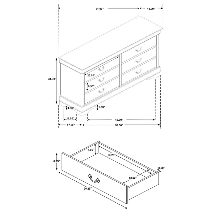 Louis Philippe 6-drawer Dresser White