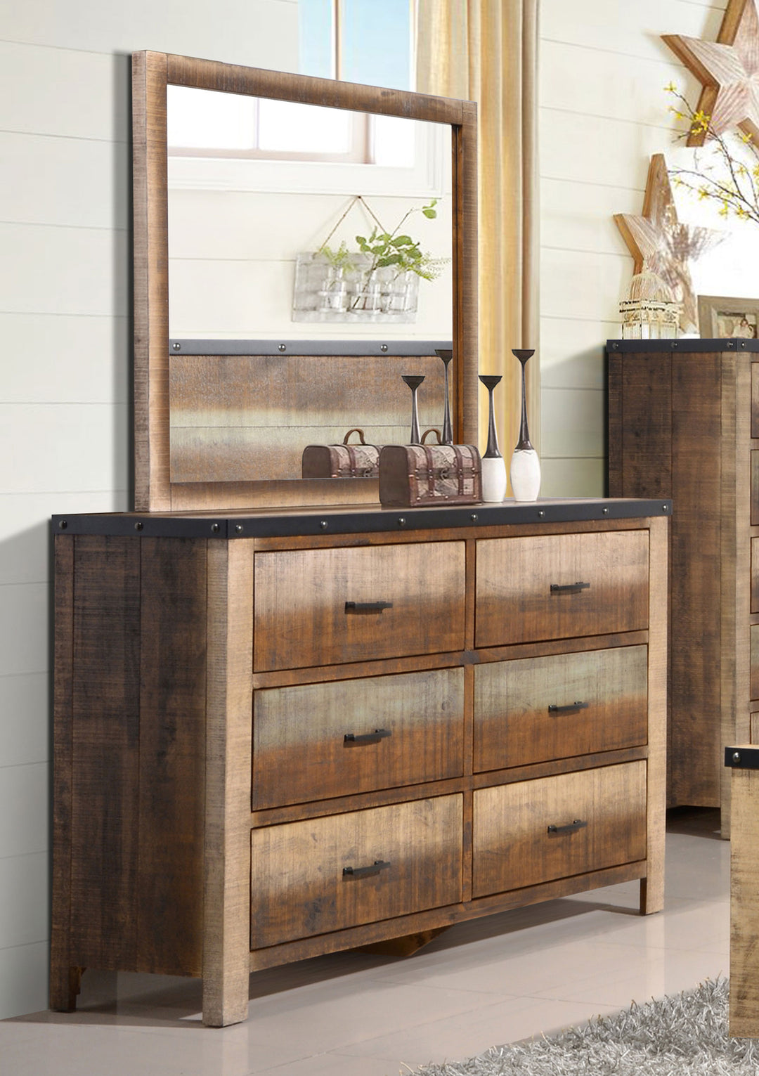 Sembene 6-drawer Dresser with Mirror Distressed Multi-Color