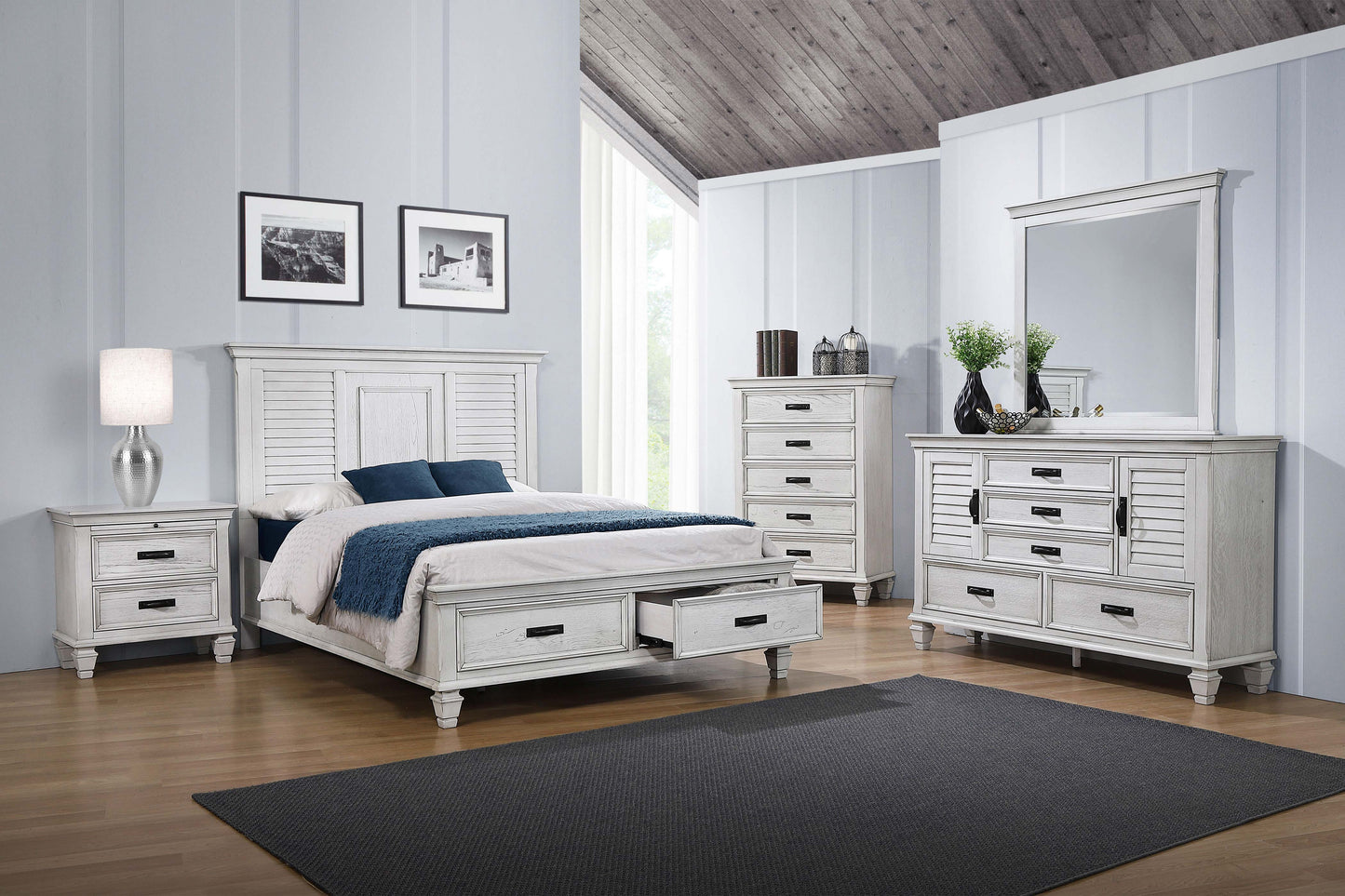 Franco California King Storage Panel Bed Distressed White