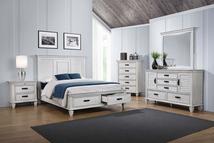 Franco Wood Queen Storage Panel Bed Distressed White