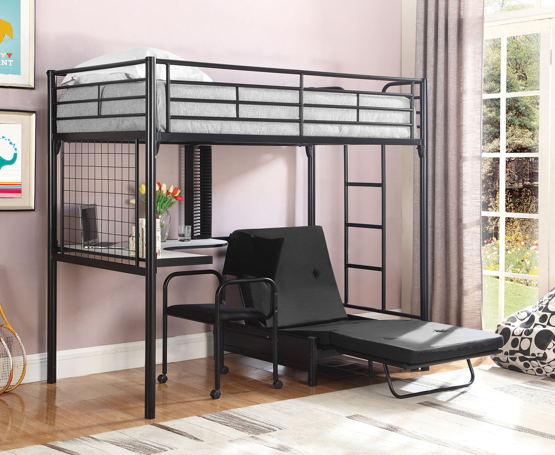 Jenner Twin Futon Workstation Loft Bed with Futon Pad Black