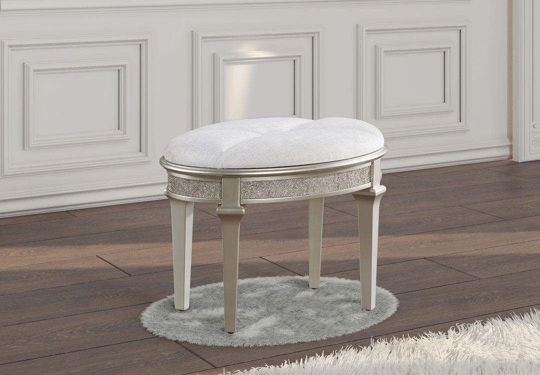 Evangeline Oval Vanity Stool with Faux Diamond Trim Silver and Ivory