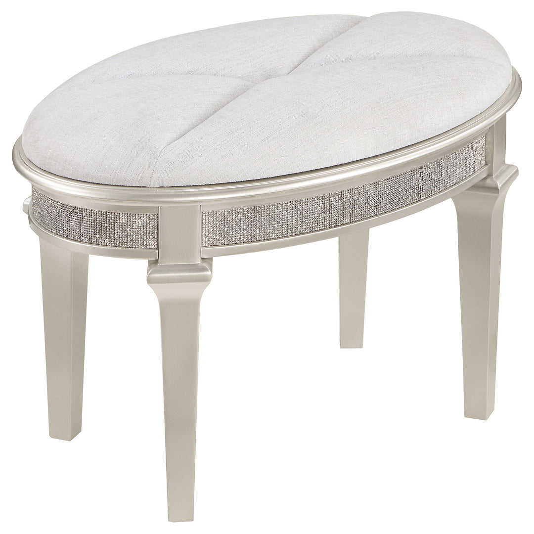 Evangeline Oval Vanity Stool with Faux Diamond Trim Silver and Ivory