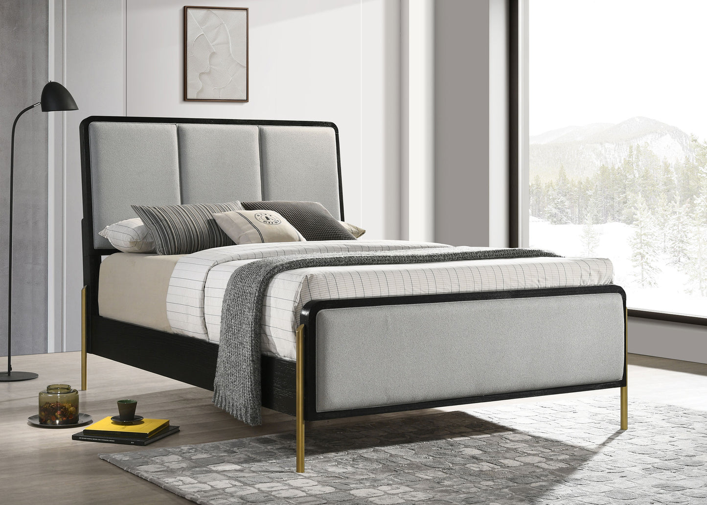 Arini Upholstered Eastern King Panel Bed Black and Grey