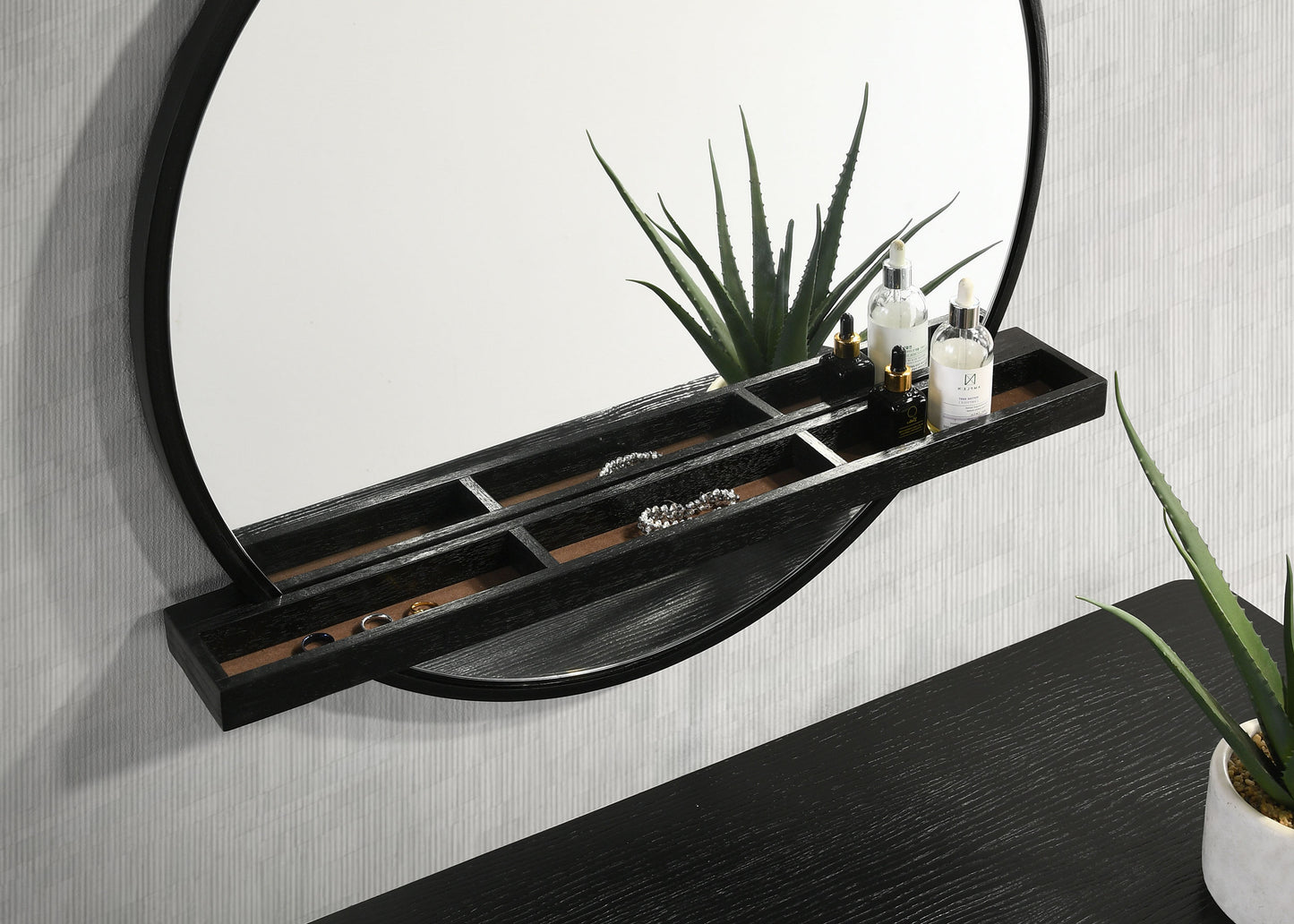 Arini Round Vanity Wall Mirror with Shelf Black