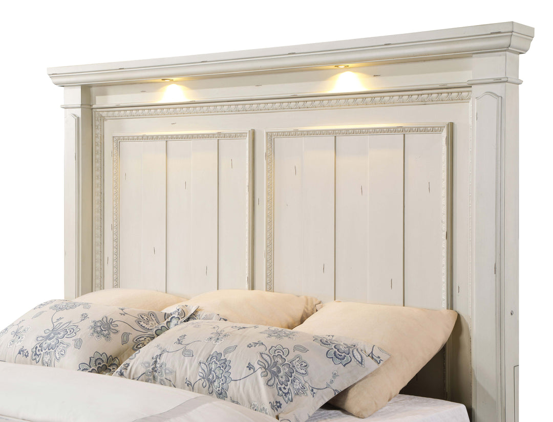 Evelyn Eastern King Panel Bed with Headboard Lighting Antique White