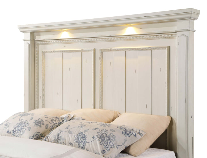 Evelyn Eastern King Panel Bed with Headboard Lighting Antique White