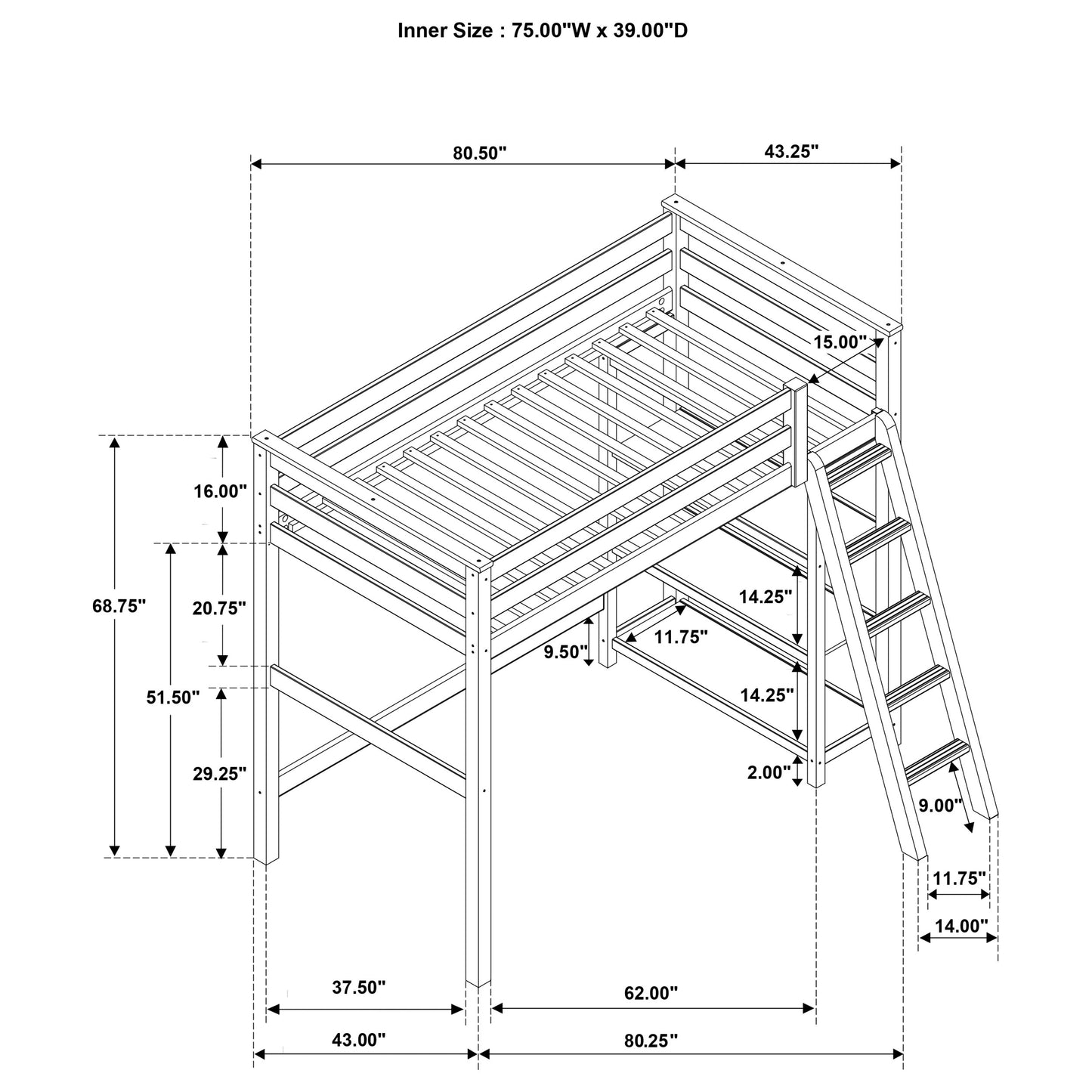 Anica 3-shelf Wood Twin Loft Bed White