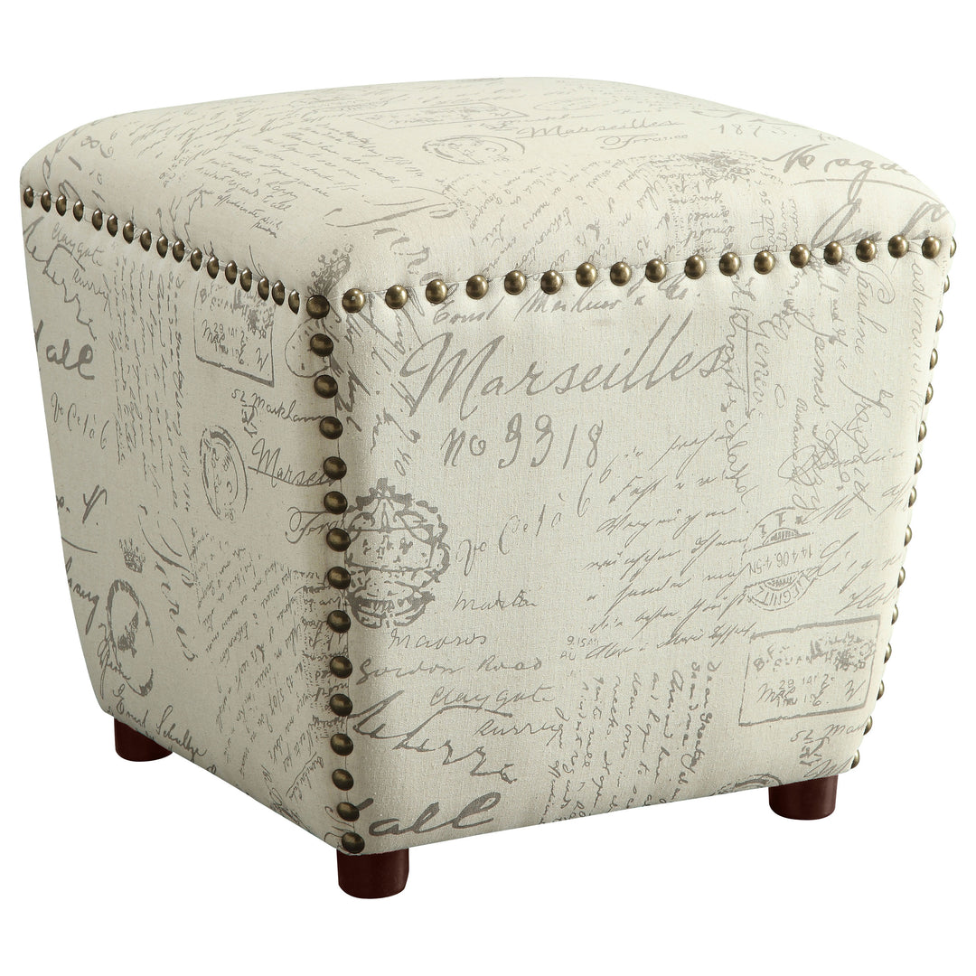 Lucy Upholstered Ottoman with Nailhead Trim Off White and Grey