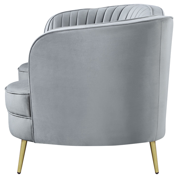 Sophia Upholstered Loveseat with Camel Back Grey and Gold