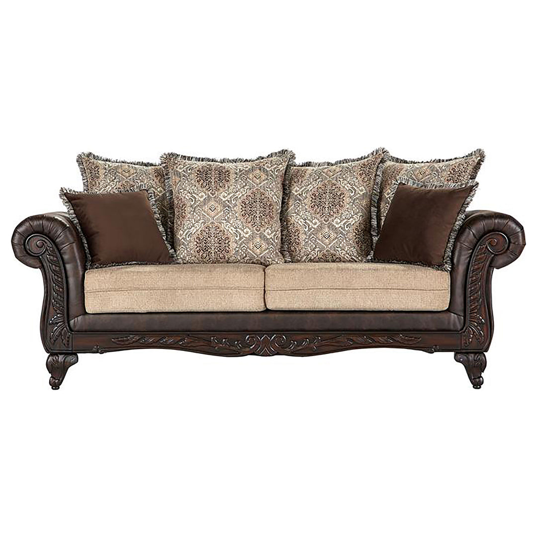 Elmbrook 2-piece Upholstered Rolled Arm Sofa Set with Intricate Wood Carvings Brown