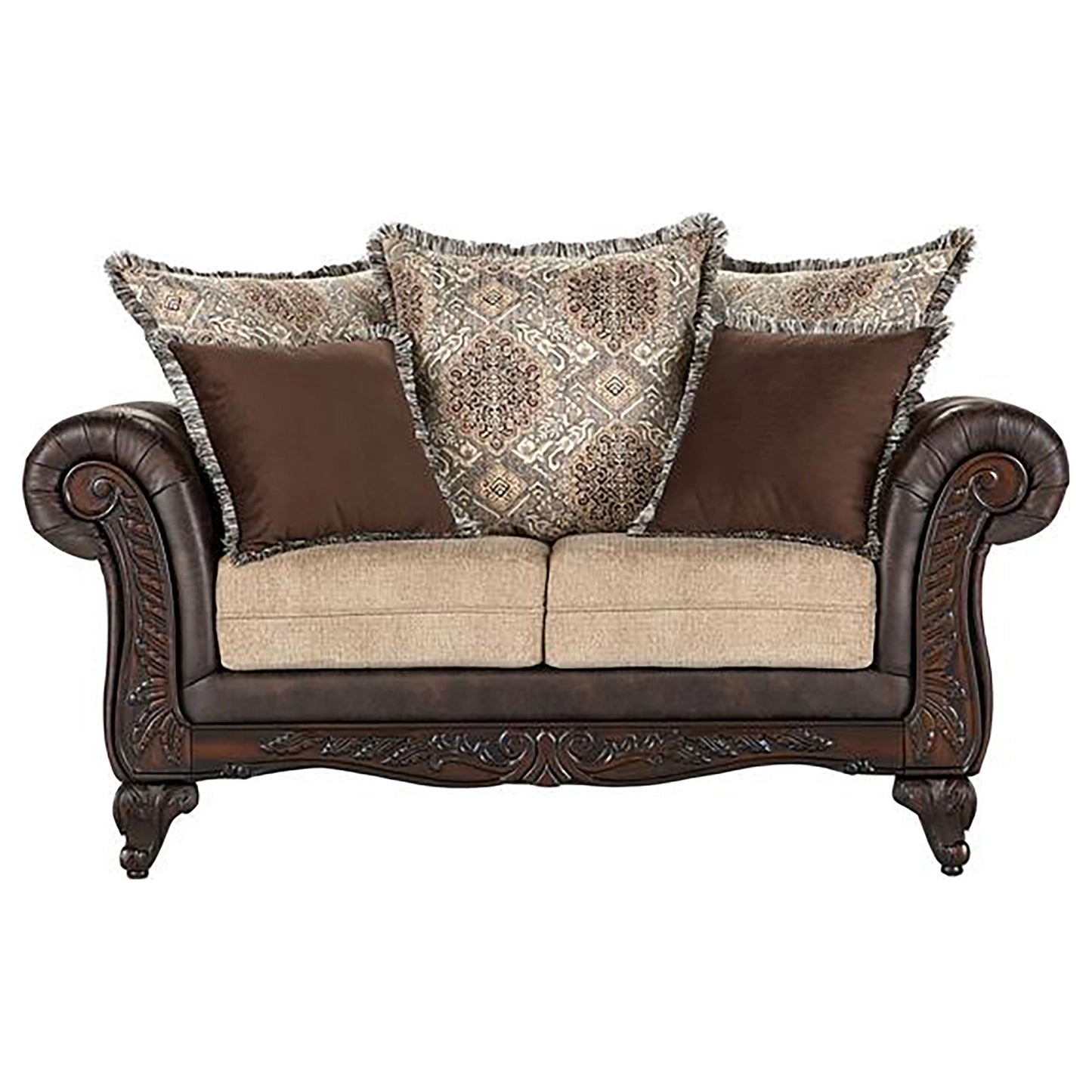 Elmbrook 2-piece Upholstered Rolled Arm Sofa Set with Intricate Wood Carvings Brown