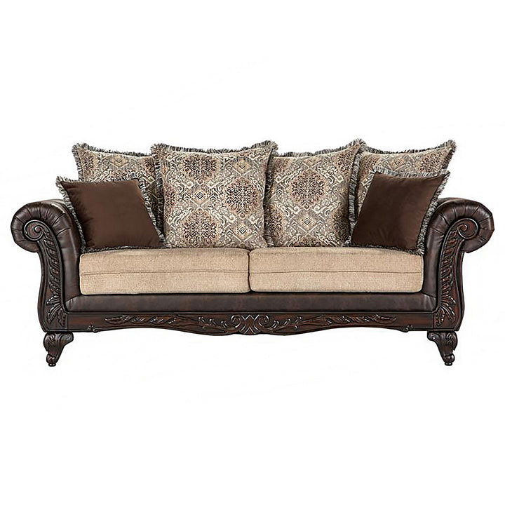 Elmbrook 3-piece Upholstered Rolled Arm Sofa Set with Intricate Wood Carvings Brown