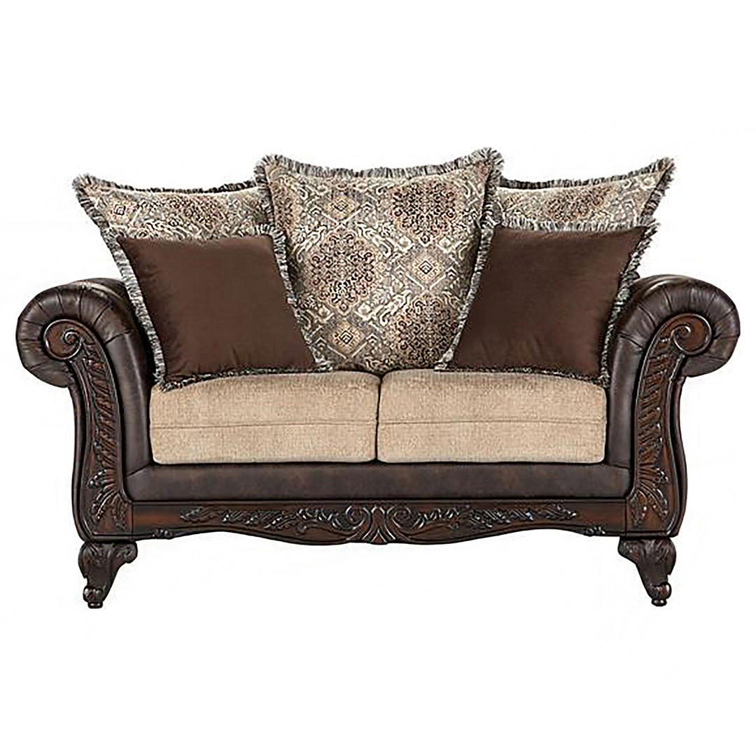 Elmbrook 3-piece Upholstered Rolled Arm Sofa Set with Intricate Wood Carvings Brown