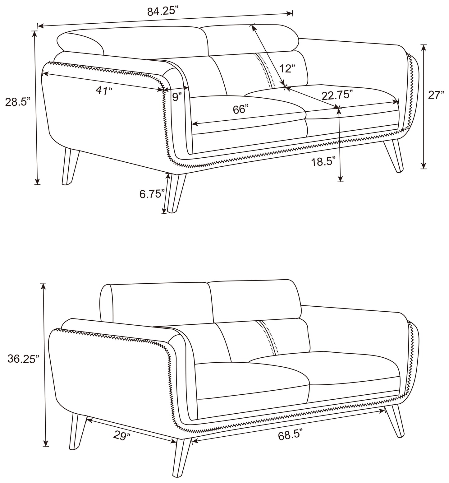 Shania 3-piece Track Arms Living Room Set Black