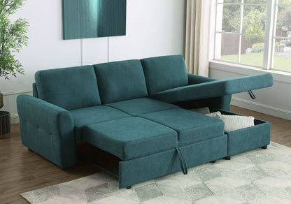 Samantha Upholstered Sleeper Sofa Sectional with Storage Chaise Teal Blue