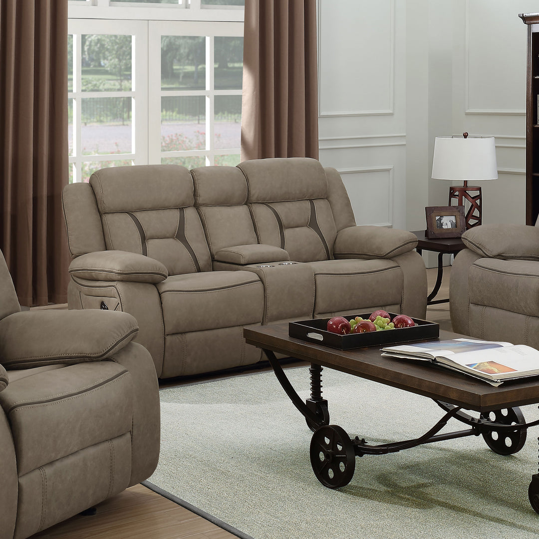 Higgins Pillow Top Arm Motion Loveseat with Console Tan