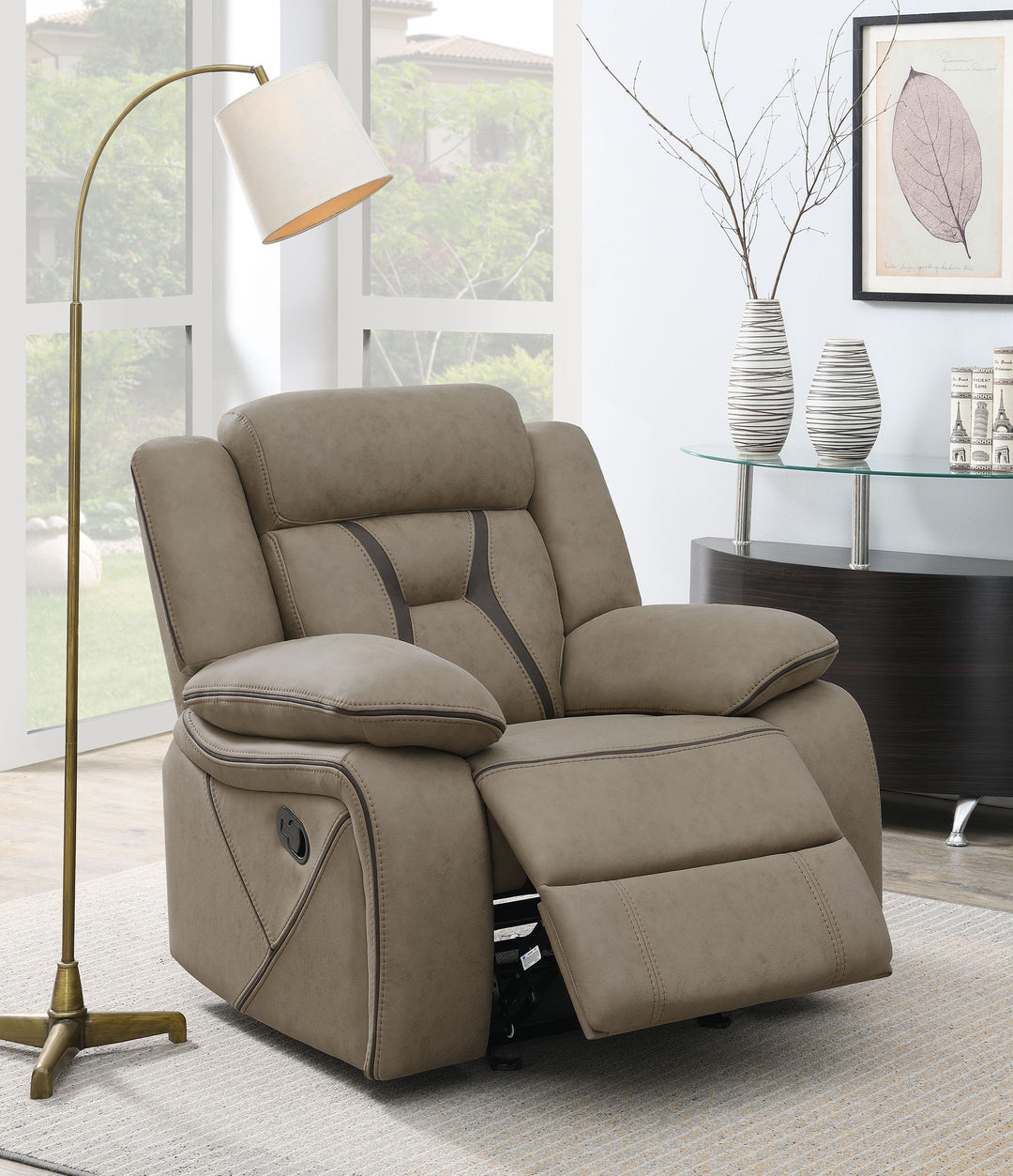 Higgins Overstuffed Upholstered Glider Recliner Tan