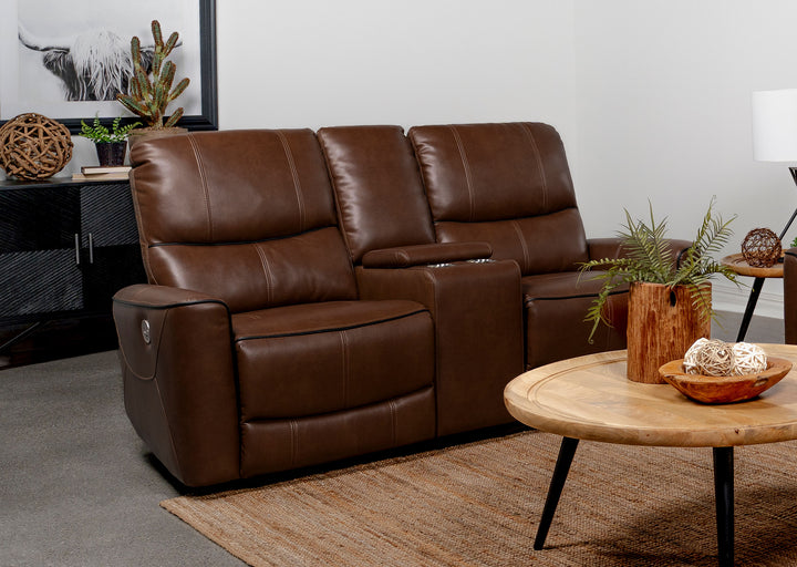 Greenfield Upholstered Power Reclining Loveseat with Console Saddle Brown