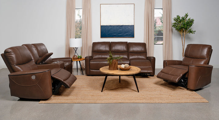 Greenfield Upholstered Power Reclining Loveseat with Console Saddle Brown