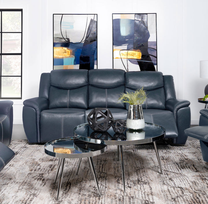 Sloane Upholstered Motion Reclining Sofa with Drop Down Table Blue