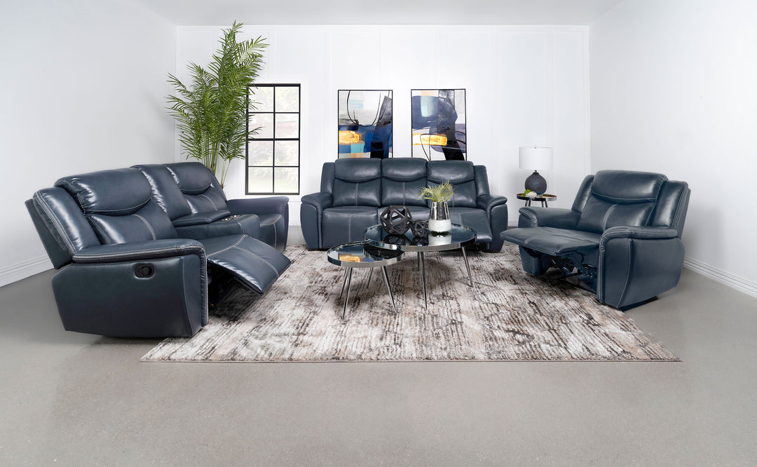 Sloane Upholstered Motion Reclining Sofa with Drop Down Table Blue