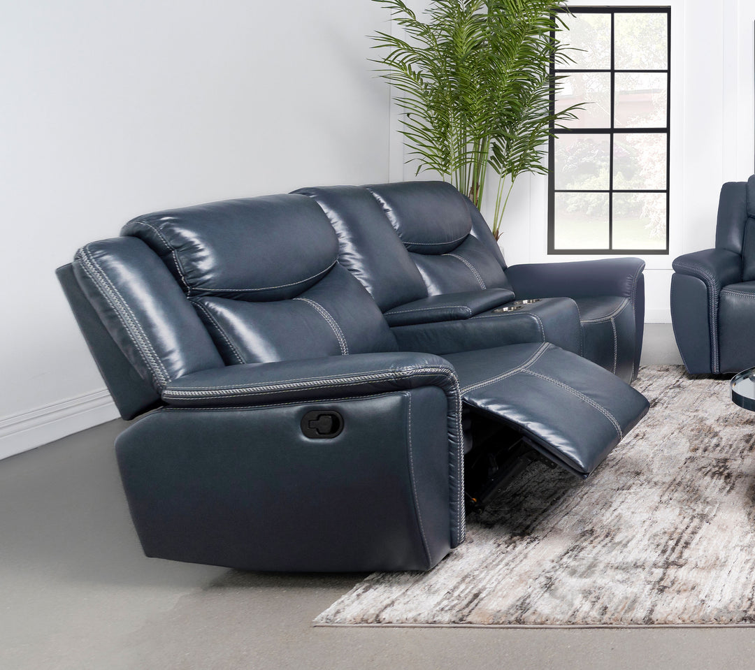 Sloane Upholstered Motion Reclining Loveseat with Console Blue