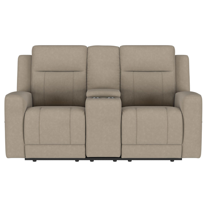 Brentwood Upholstered Motion Reclining Loveseat with Console Taupe