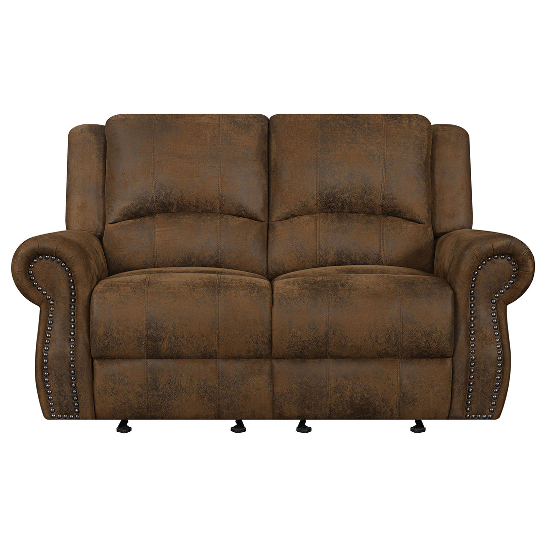 Sir Rawlinson Rolled Arm Glider Loveseat with Nailhead Trim Buckskin Brown