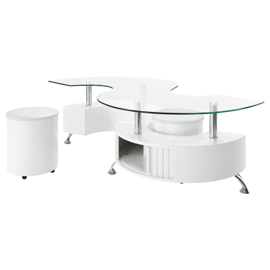 Buckley Curved Glass Top Coffee Table With Stools White High Gloss