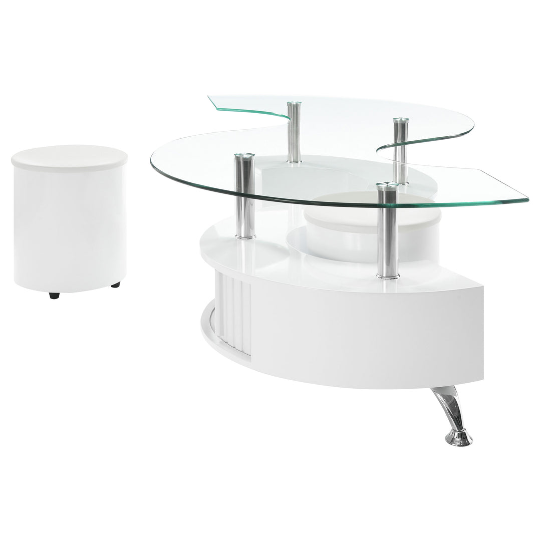 Buckley Curved Glass Top Coffee Table With Stools White High Gloss