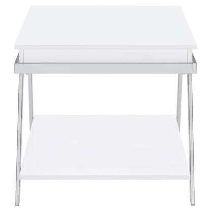 Marcia Wood Rectangular End Table White High Gloss and Chrome