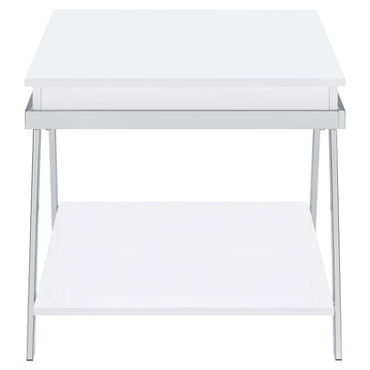 Marcia Wood Rectangular End Table White High Gloss and Chrome