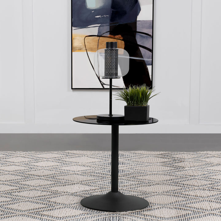 Ganso Round Metal End Table with Tempered Glass Top Black