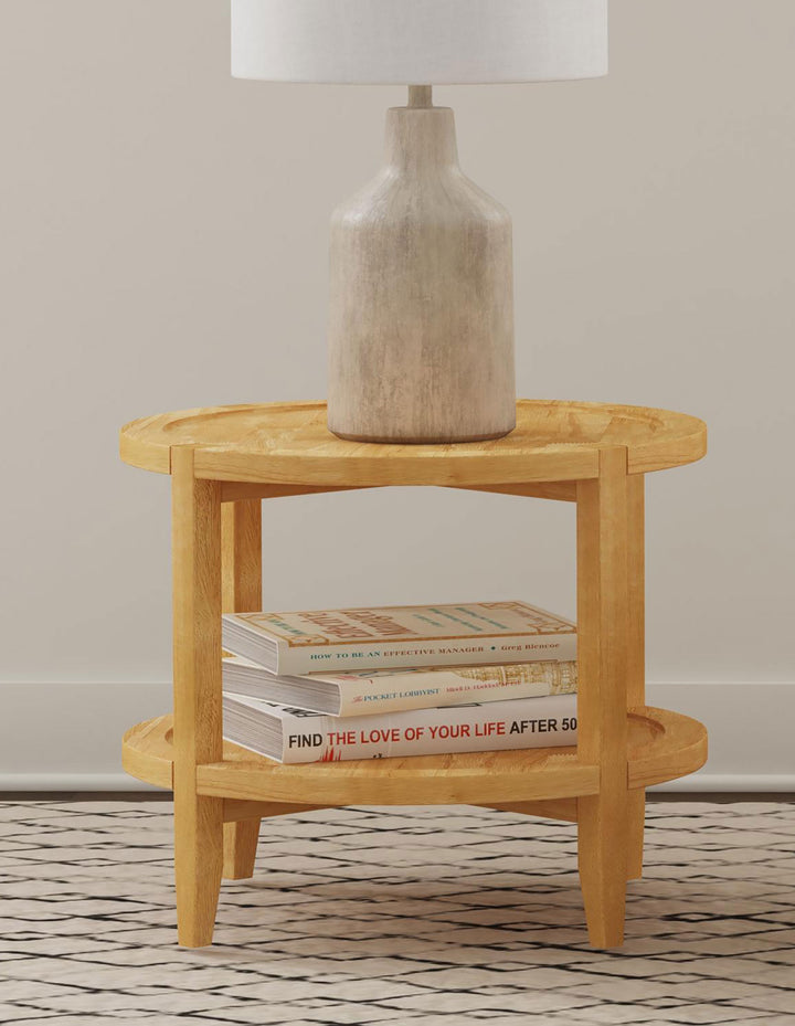 Camillo Round Solid Wood End Table with Shelf Maple Brown