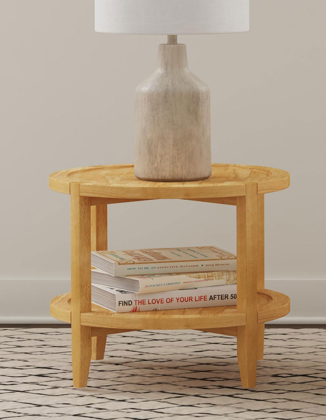 Camillo Round Solid Wood End Table with Shelf Maple Brown