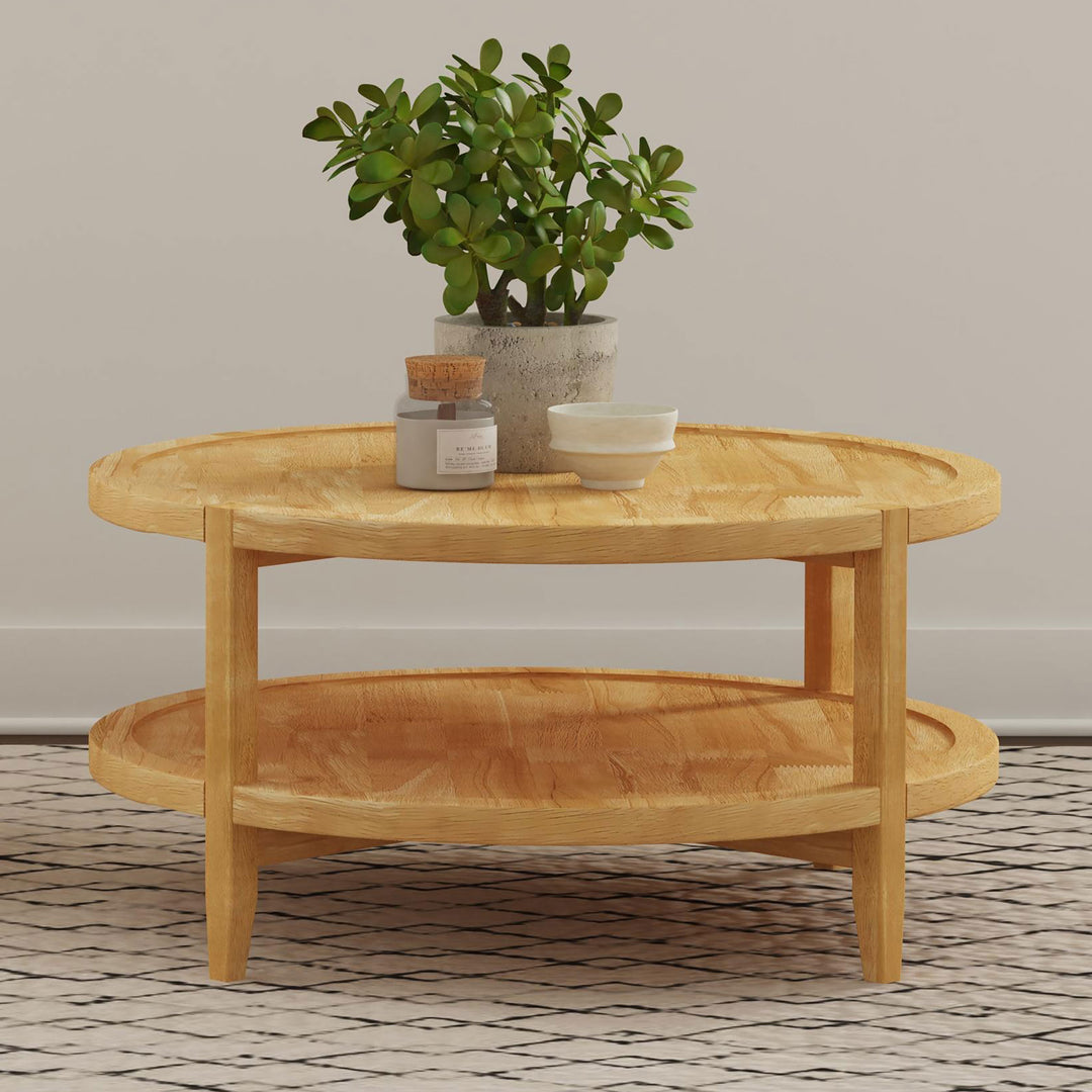 Camillo Round Solid Wood Coffee Table with Shelf Maple Brown