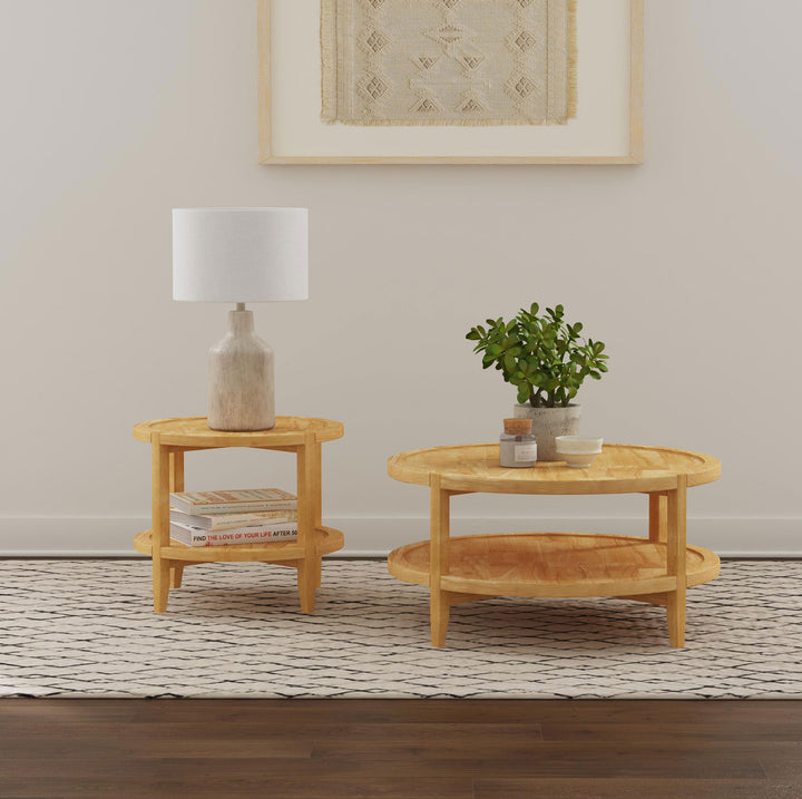 Camillo Round Solid Wood Coffee Table with Shelf Maple Brown