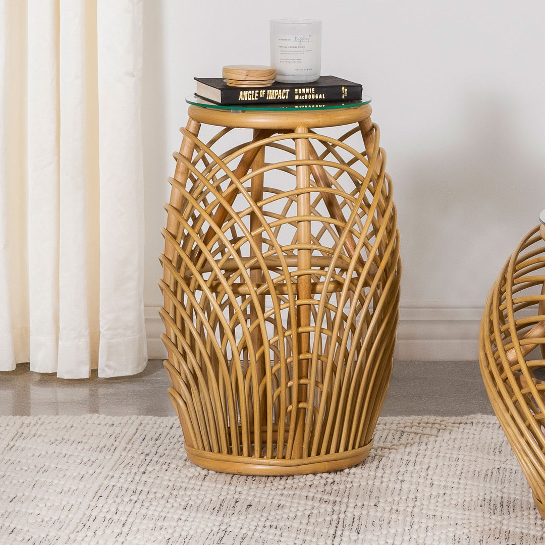 Dahlia Round Glass Top Woven Rattan End Table Natural Brown