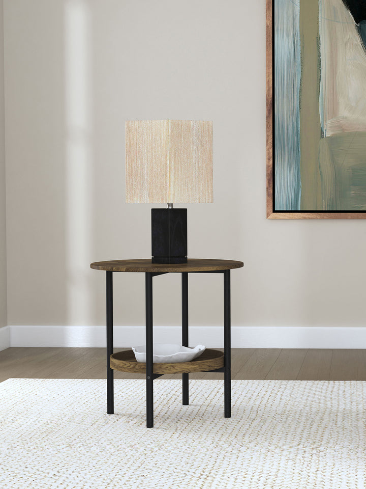 Delfin Round Glass Top End Table with Shelf Black and Brown