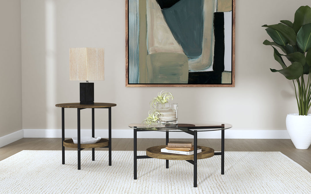 Delfin Round Glass Top End Table with Shelf Black and Brown