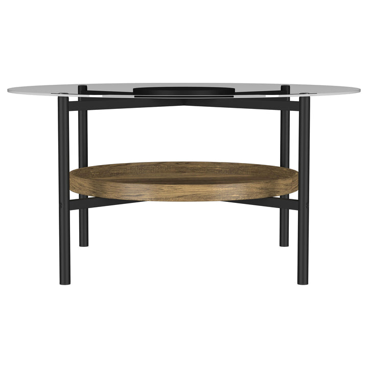 Delfin Round Glass Top Coffee Table with Shelf Black and Brown