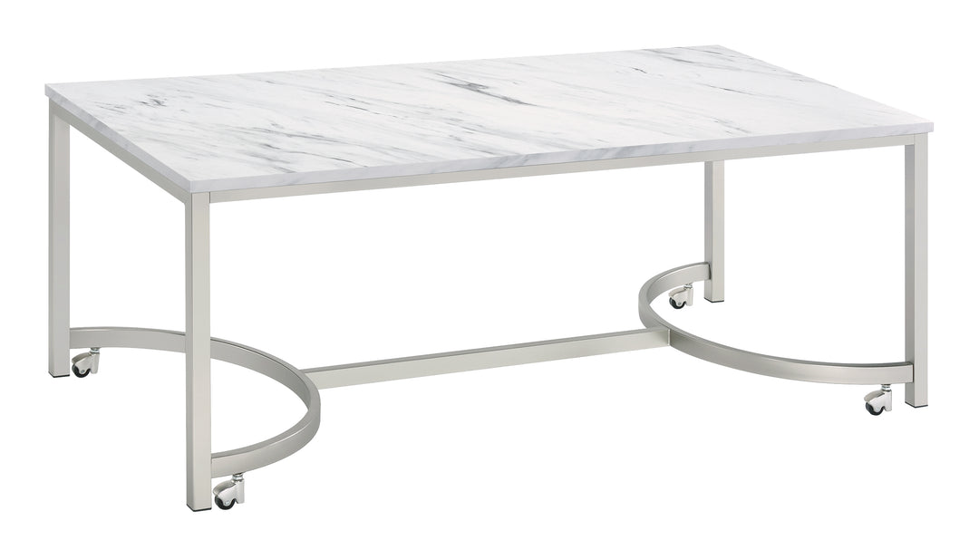 Leona Coffee Table with Casters White and Satin Nickel